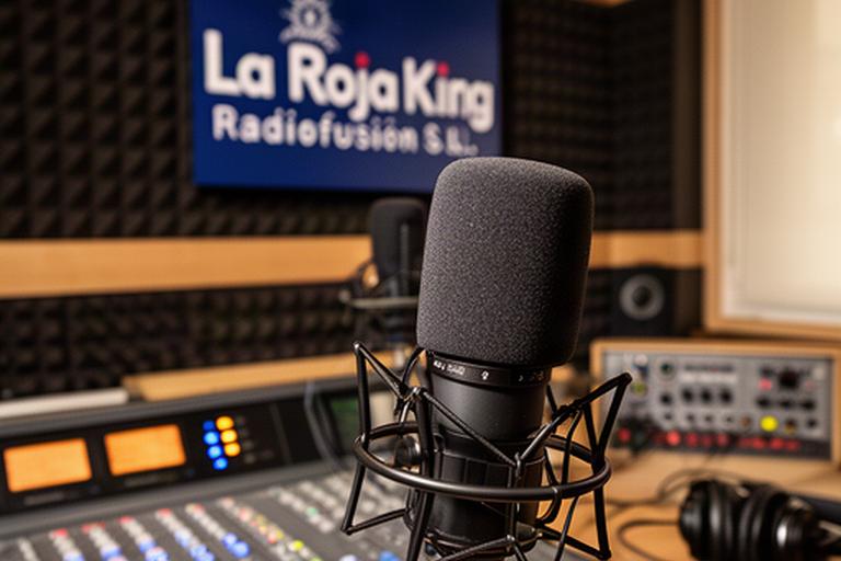 Micrófono de radio en un estudio local de Navalmoral de la Mata, con mesa de emisión y paneles acústicos